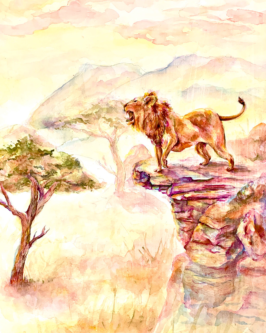 The Lion King, king of the savanna, watercolour gansai painting